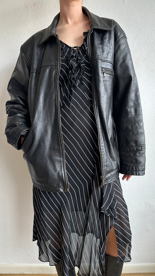 vintage oversized black leather jacket coat