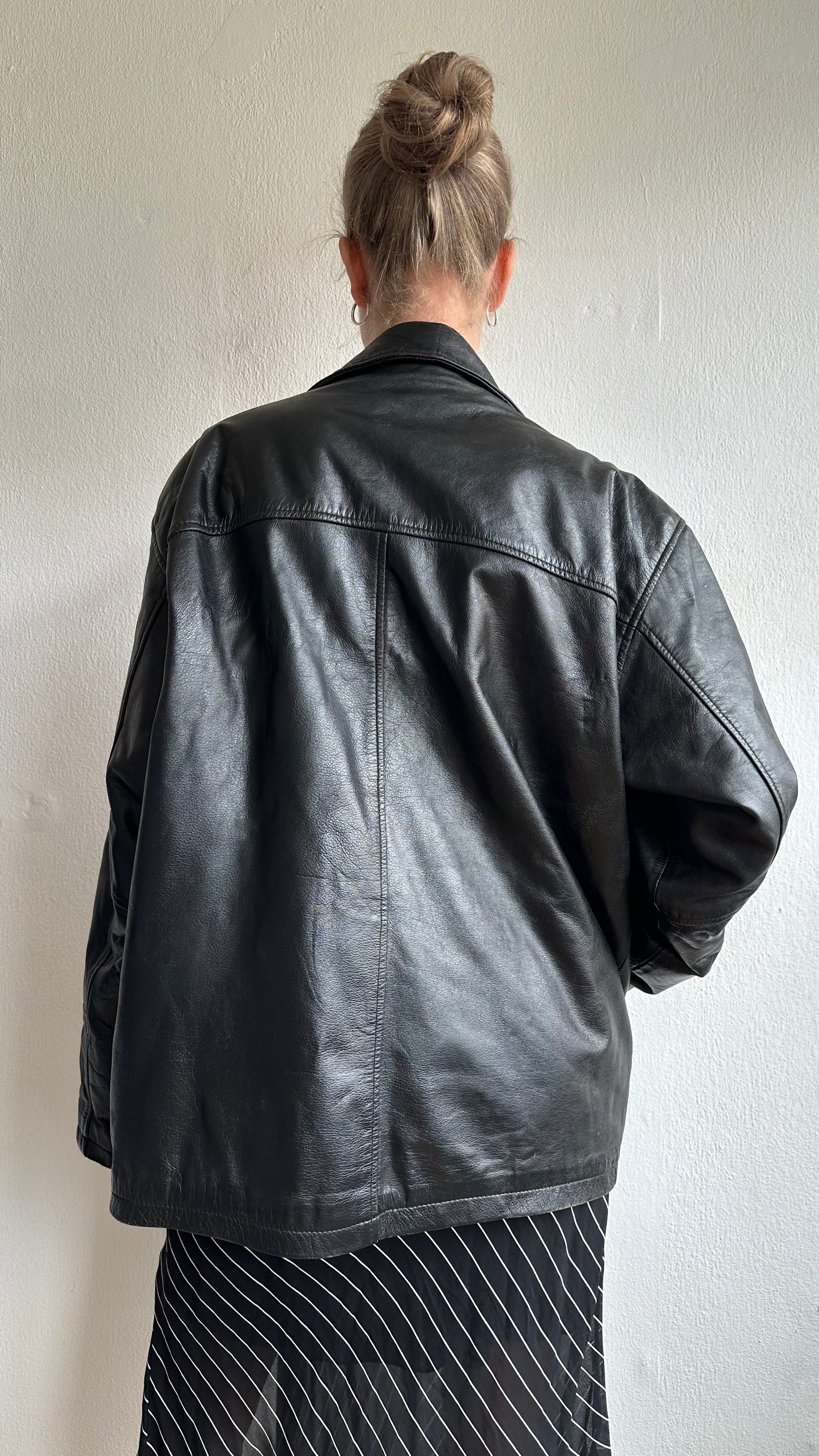 vintage oversized black leather jacket coat