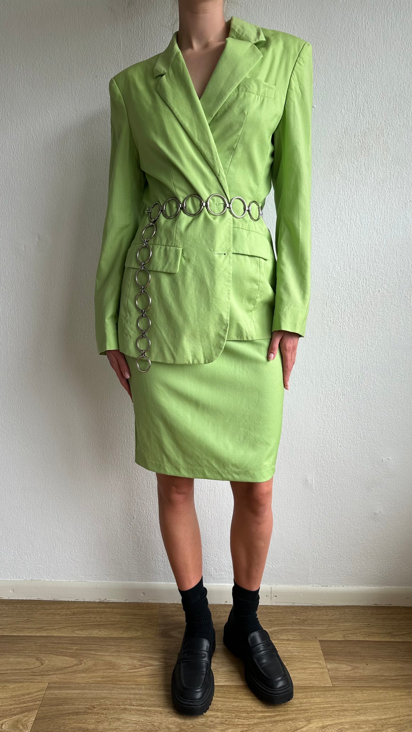 matching green wool skirt blazer set