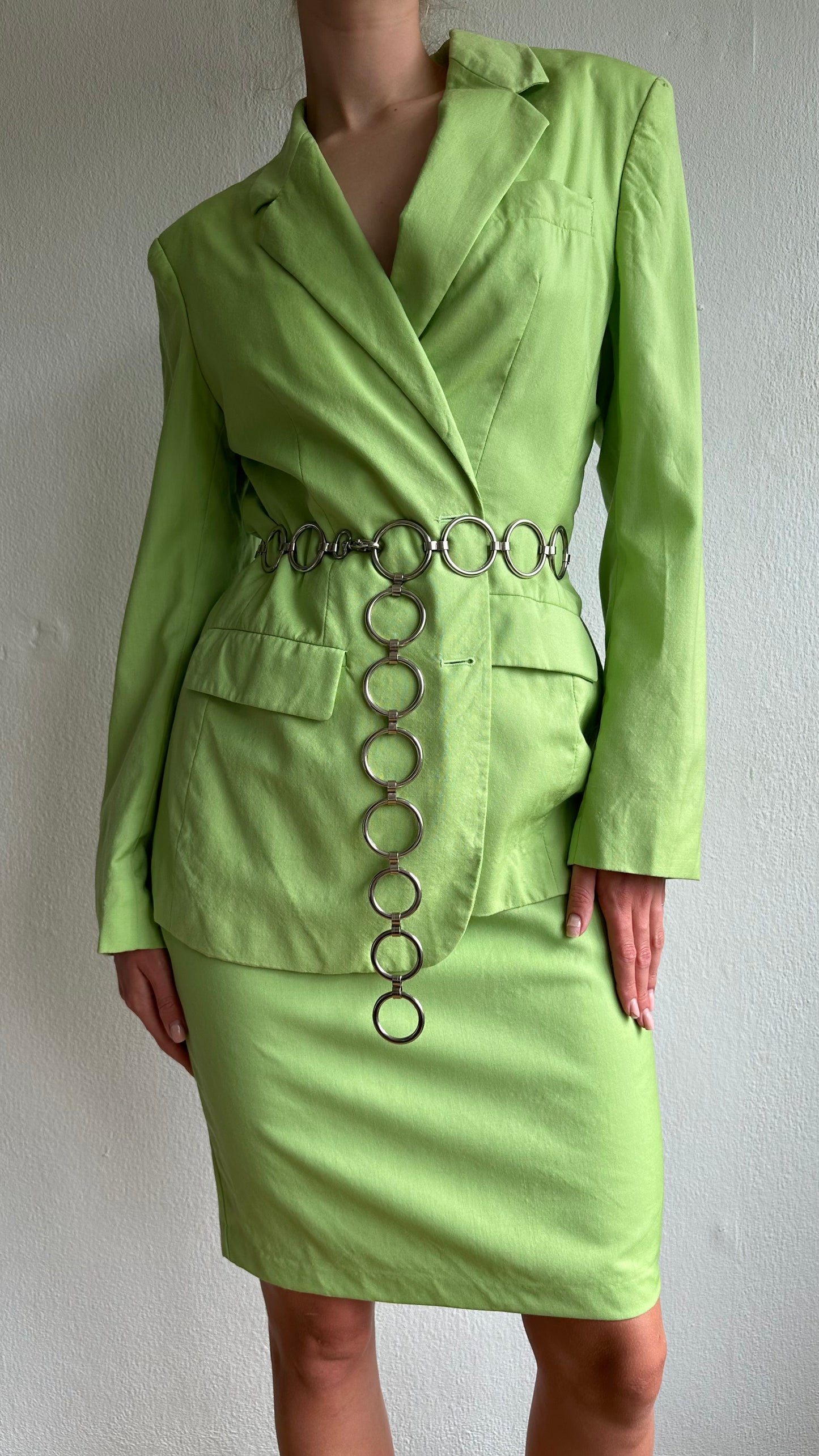 matching green wool skirt blazer set