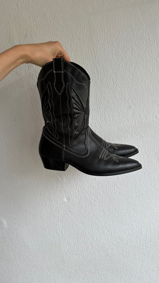 black leather cowboy boots