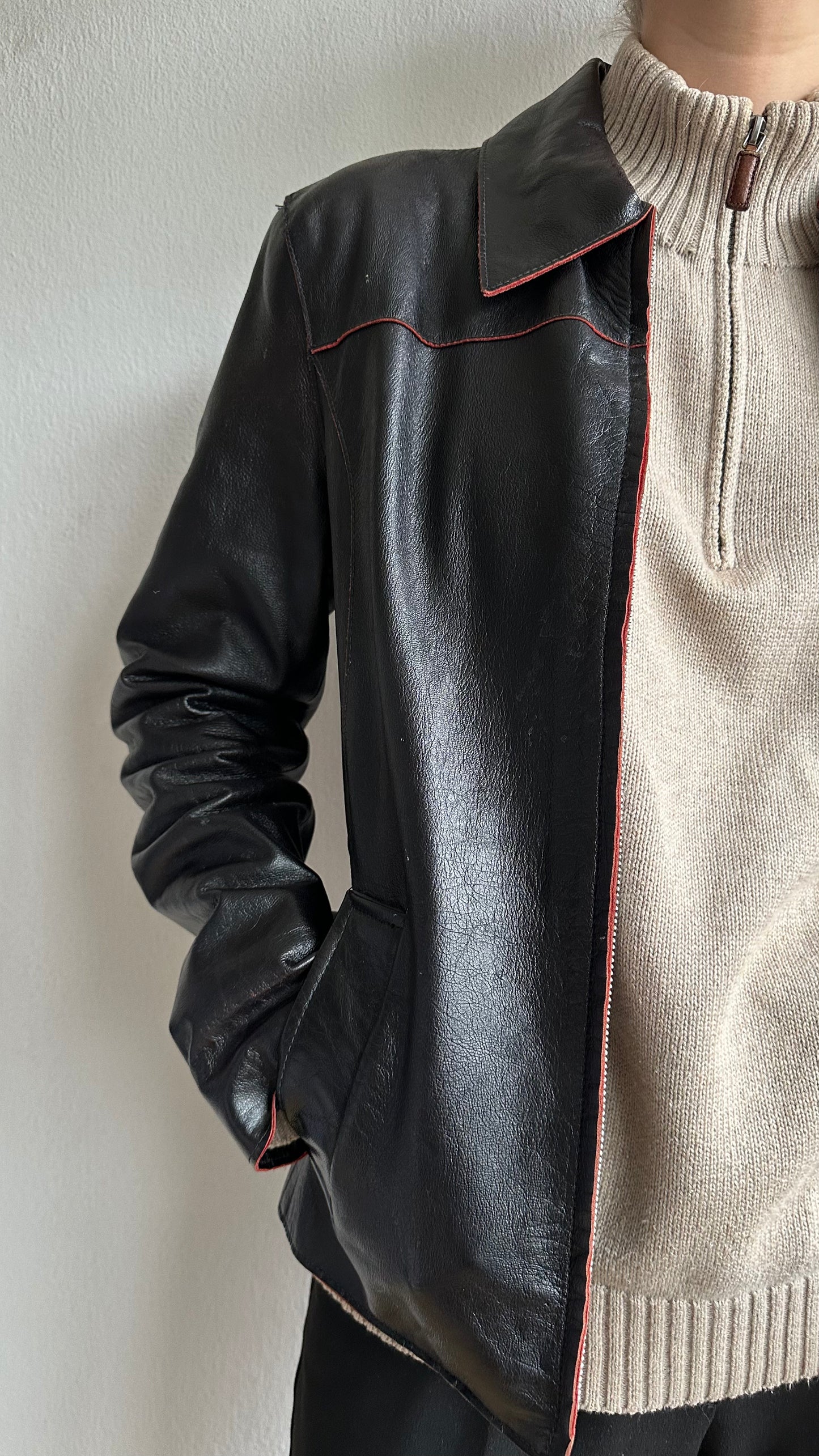 vintage black leather coat with red details