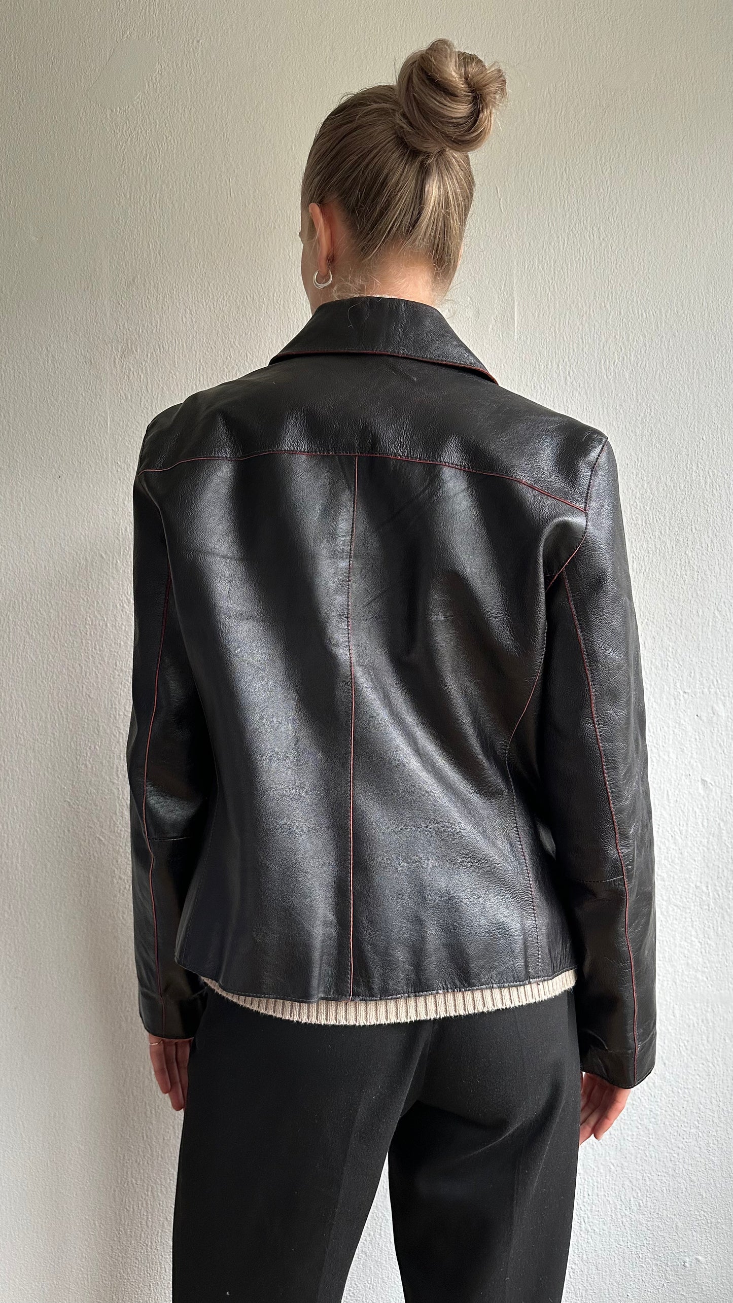 vintage black leather coat with red details