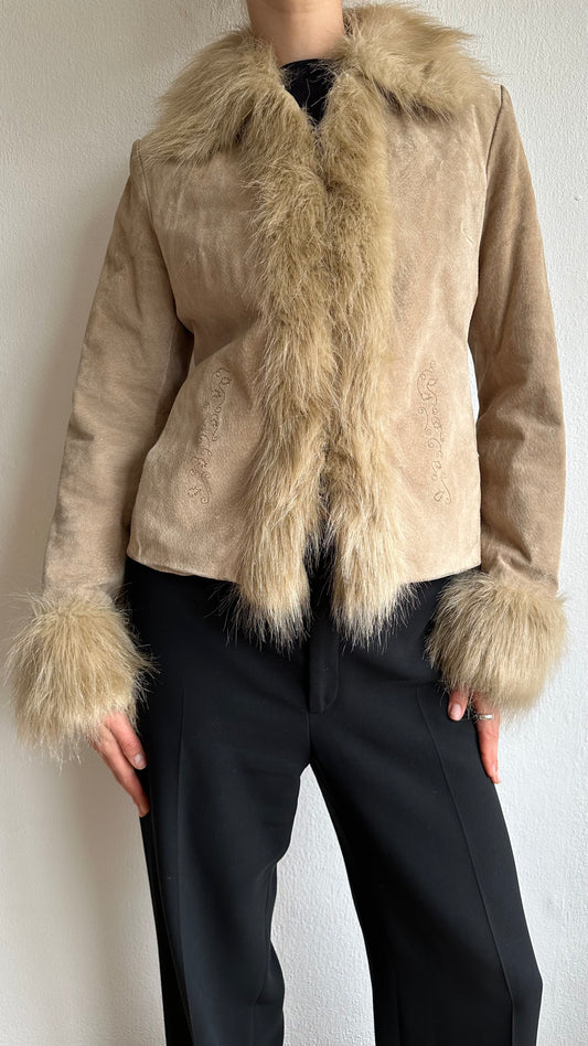 real suede with faux fur short afghan coat beige