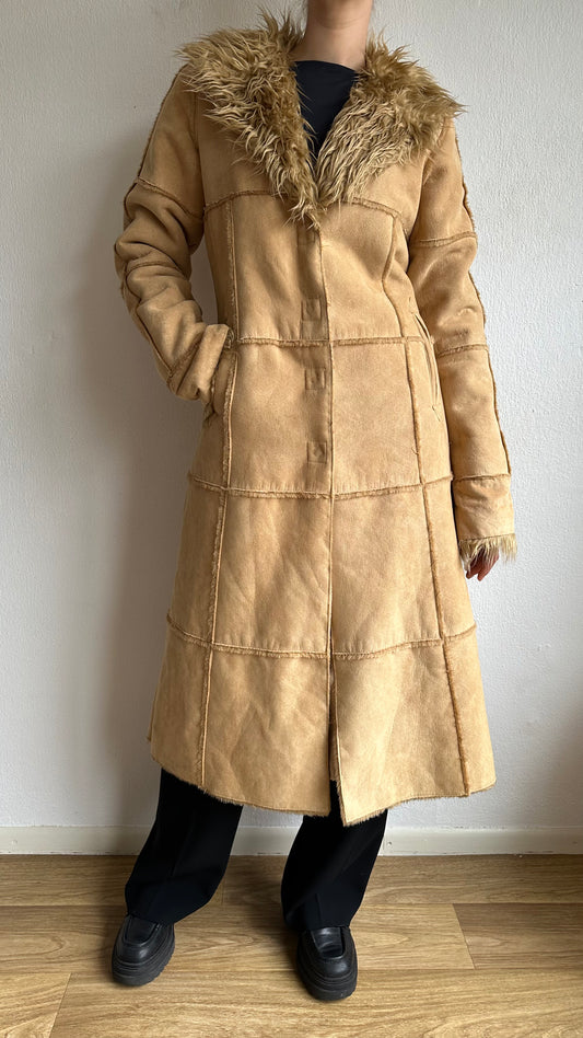 faux suede fur afghan long camel coat