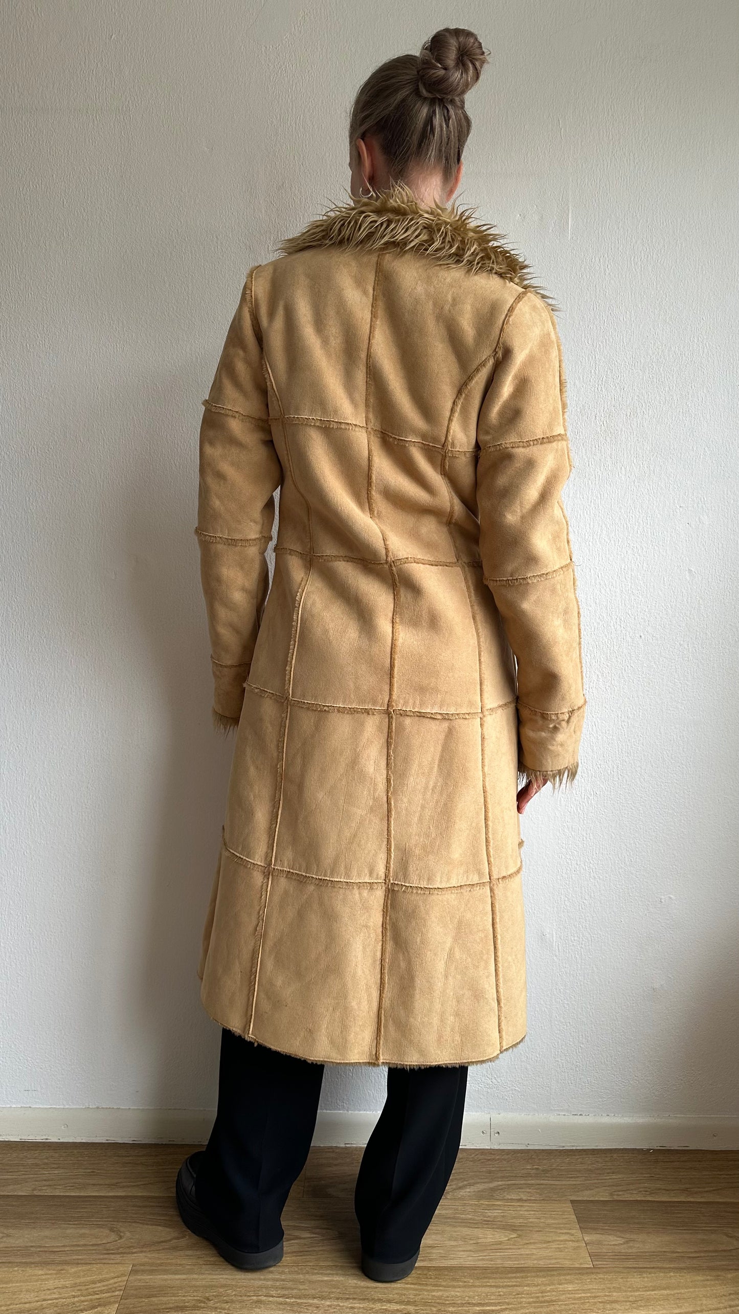 faux suede fur afghan long camel coat