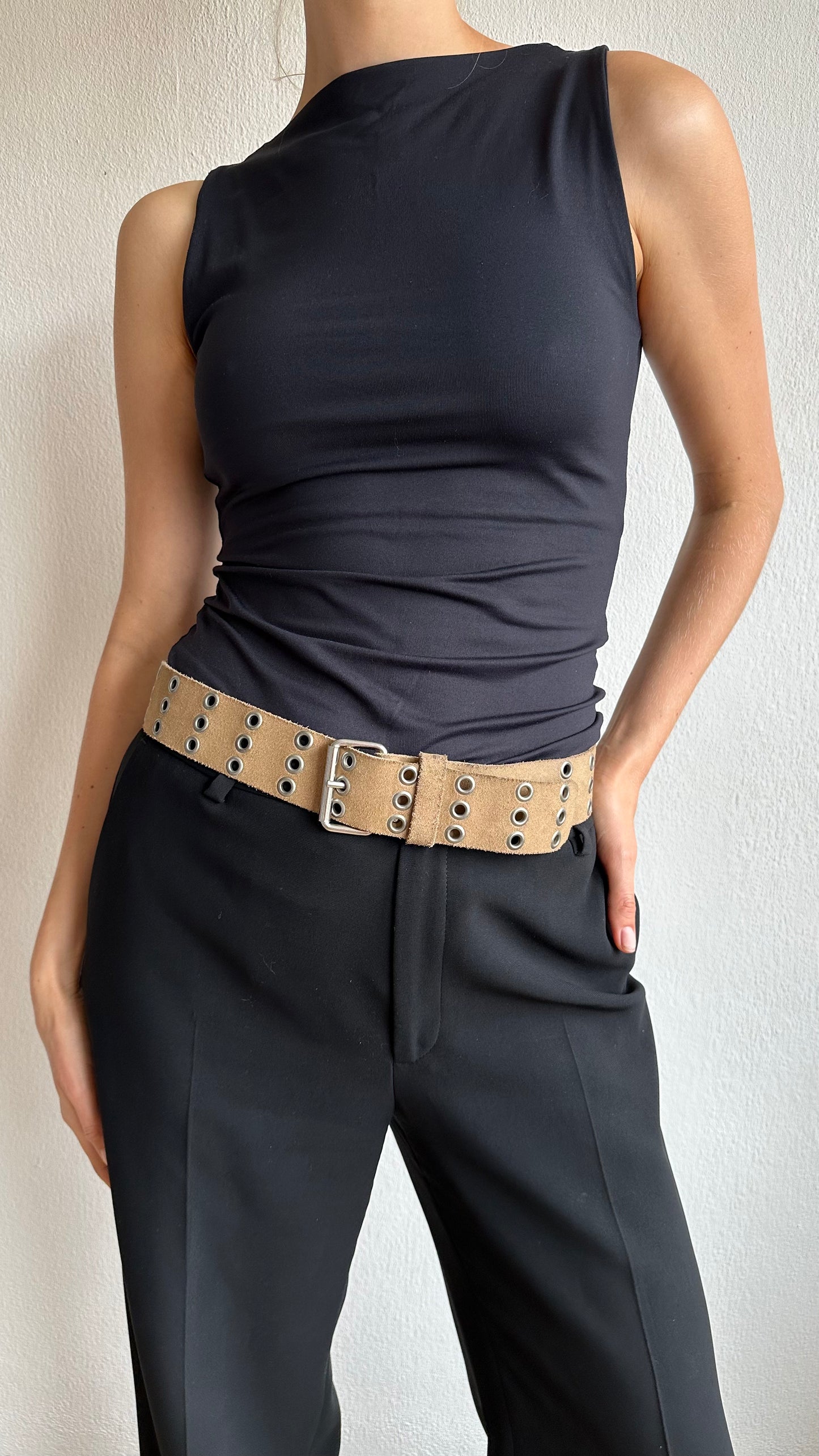 beige real suede holes belt