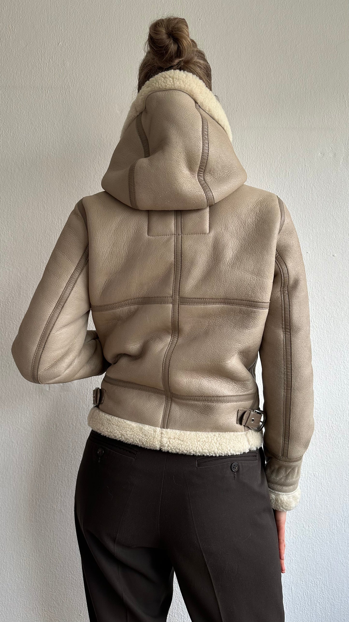 beige hooded Schott lammycoat