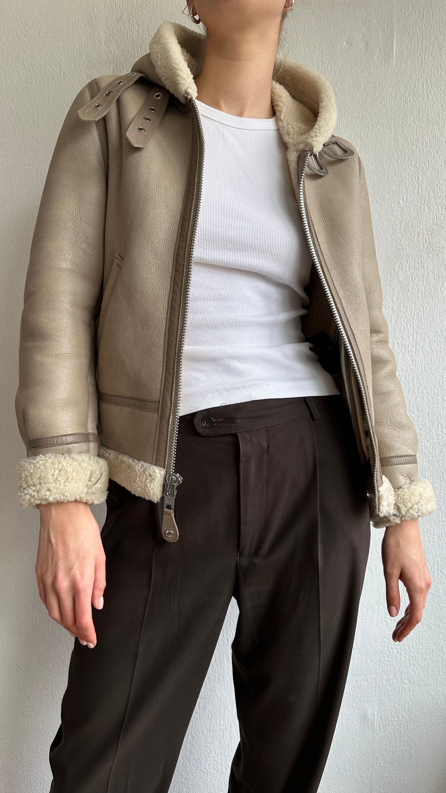 beige hooded Schott lammycoat