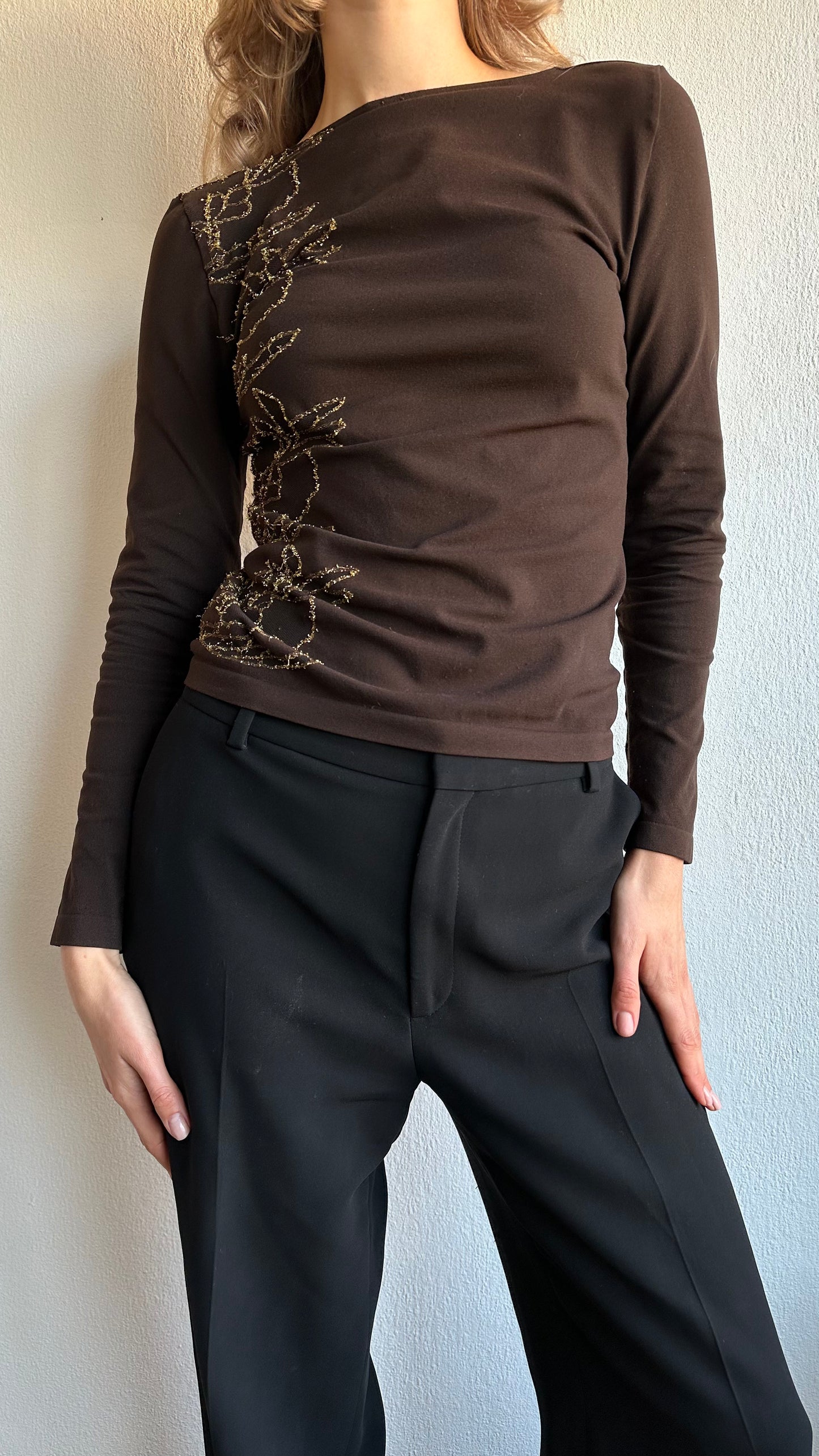 brown wolford top with embroidery