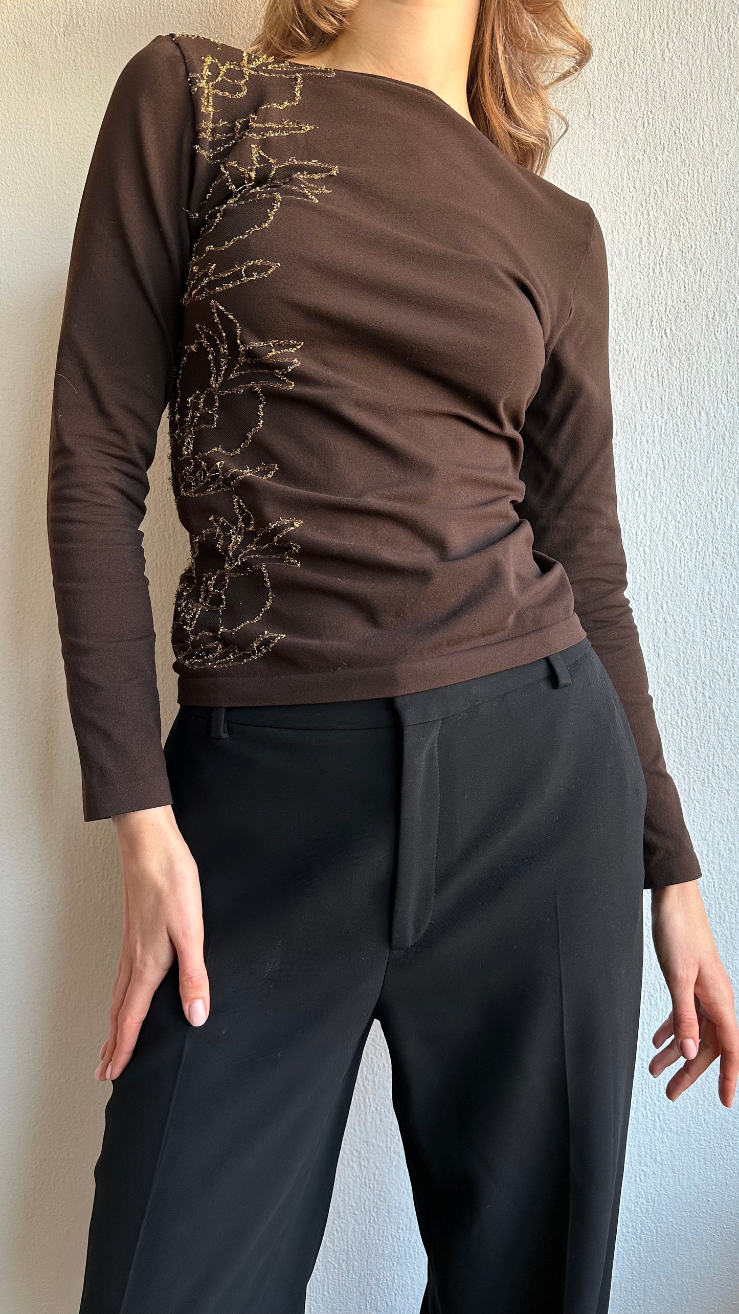 brown wolford top with embroidery