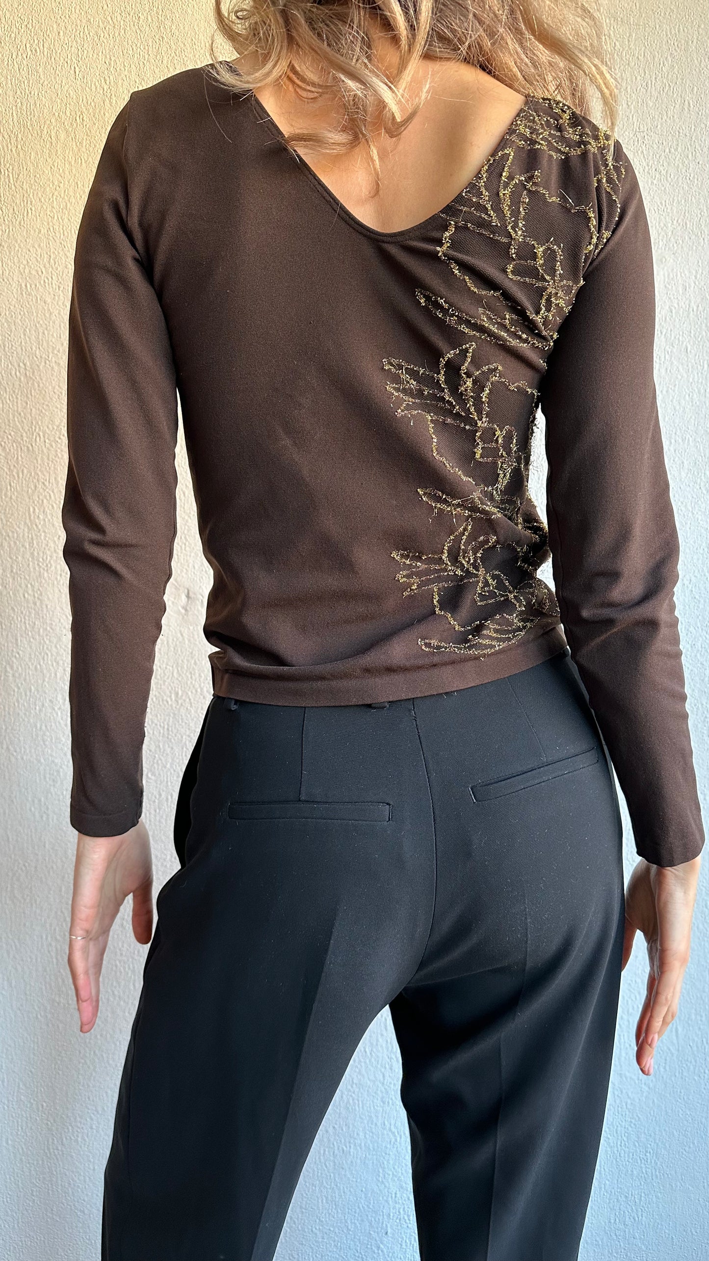 brown wolford top with embroidery