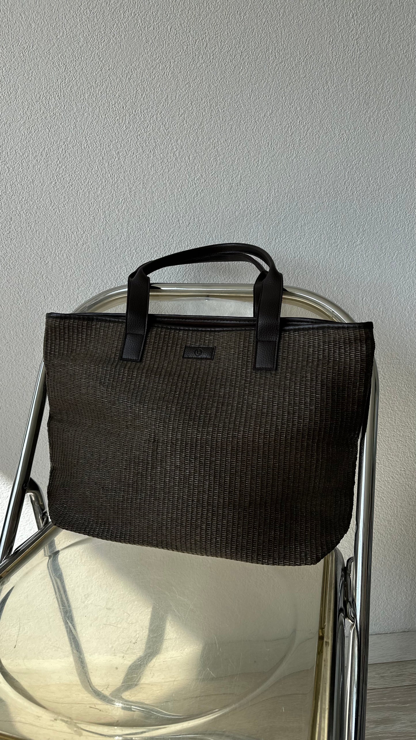 woven tote bag + Longchamp scarf