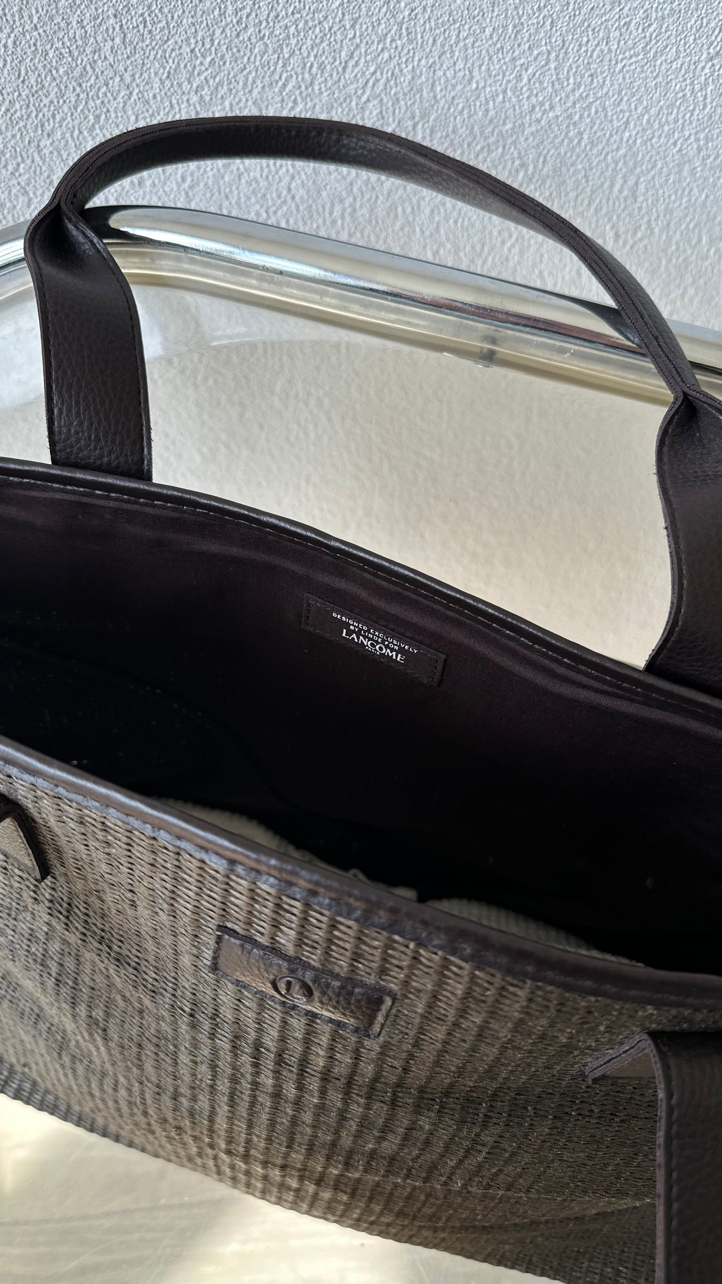 woven tote bag + Longchamp scarf