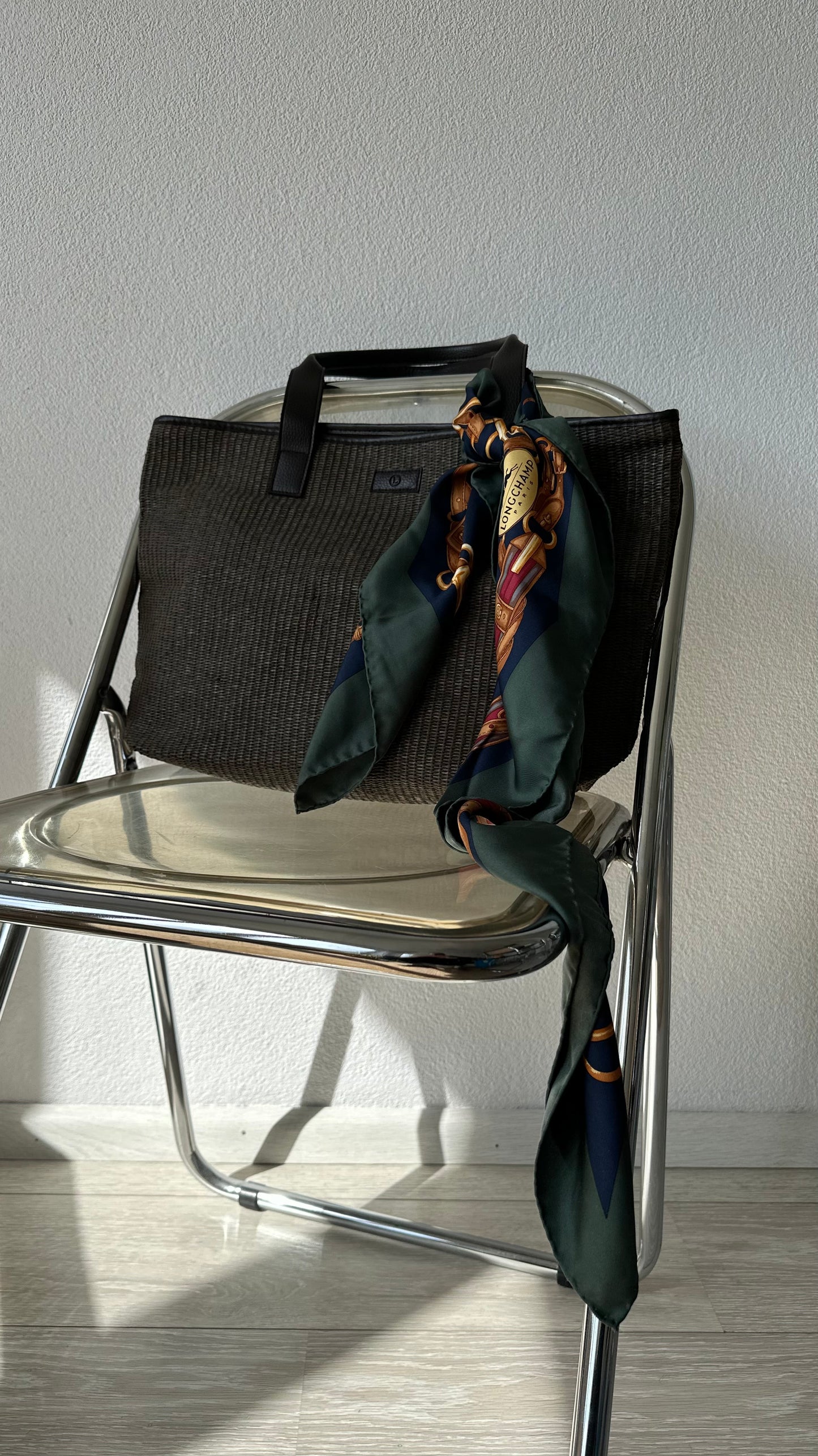 woven tote bag + Longchamp scarf