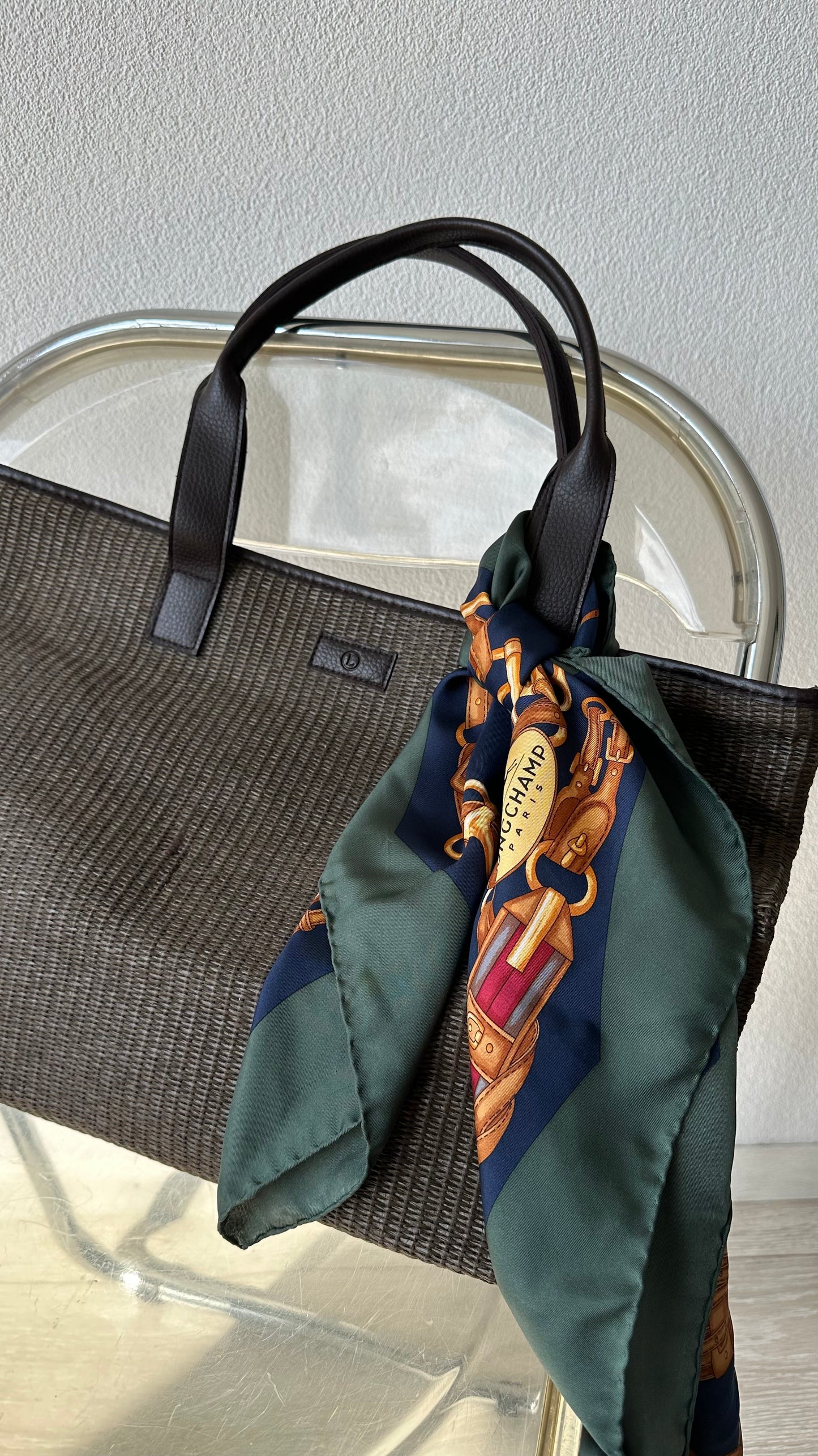 woven tote bag + Longchamp scarf