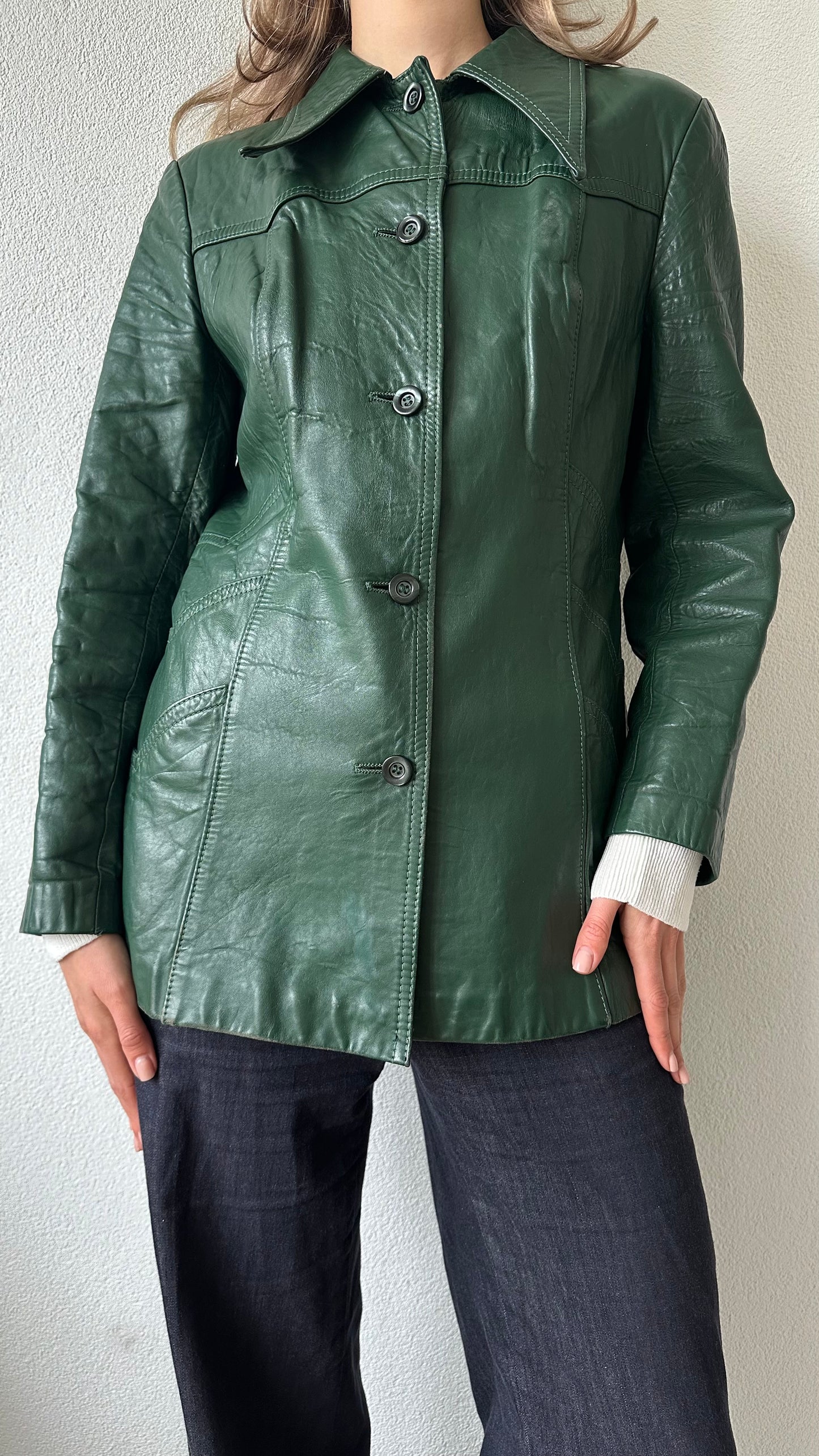 green vintage 70s leather jacket