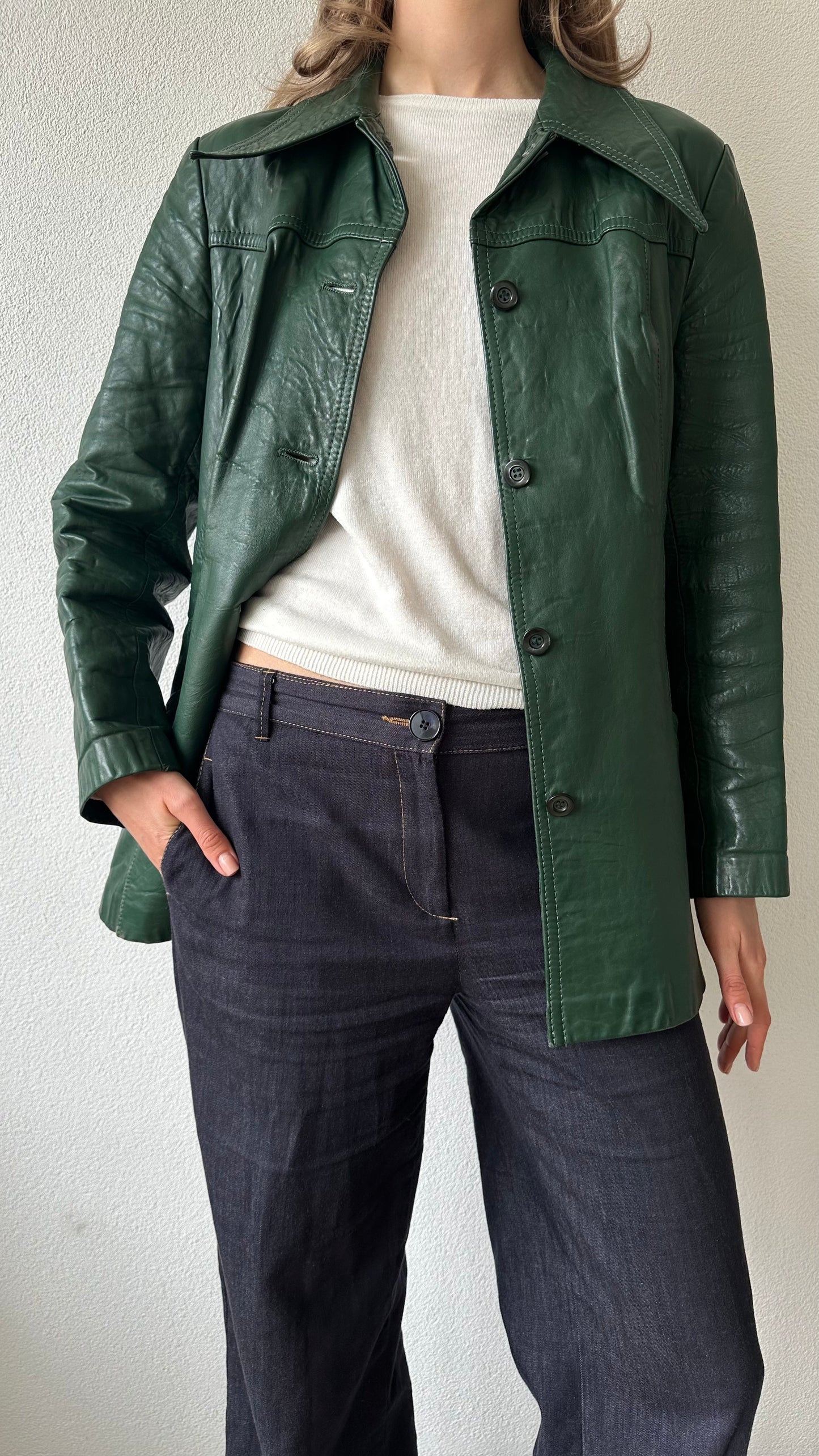 green vintage 70s leather jacket