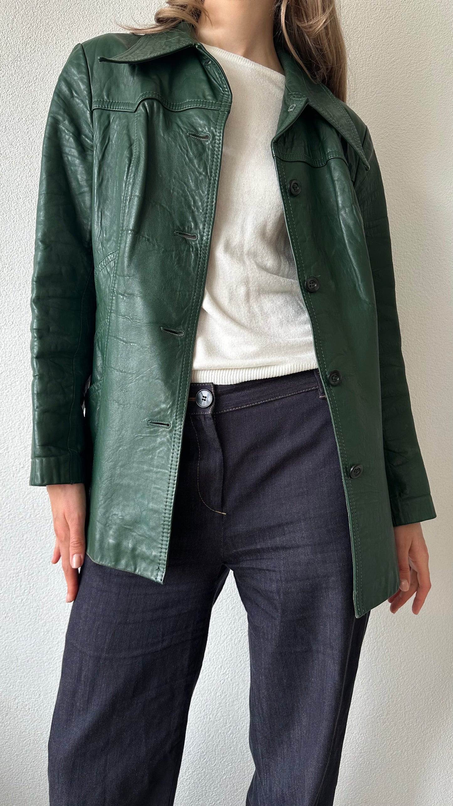 green vintage 70s leather jacket