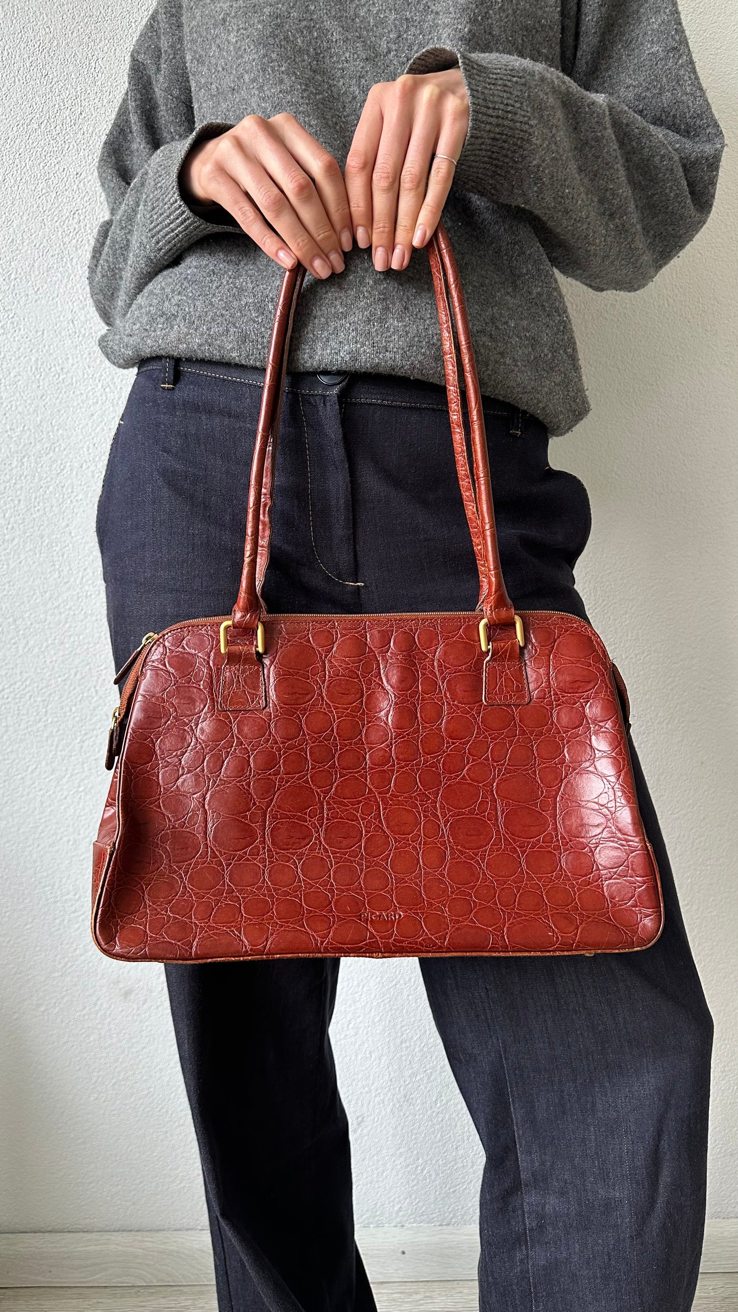 leather vintage red brown croc bag