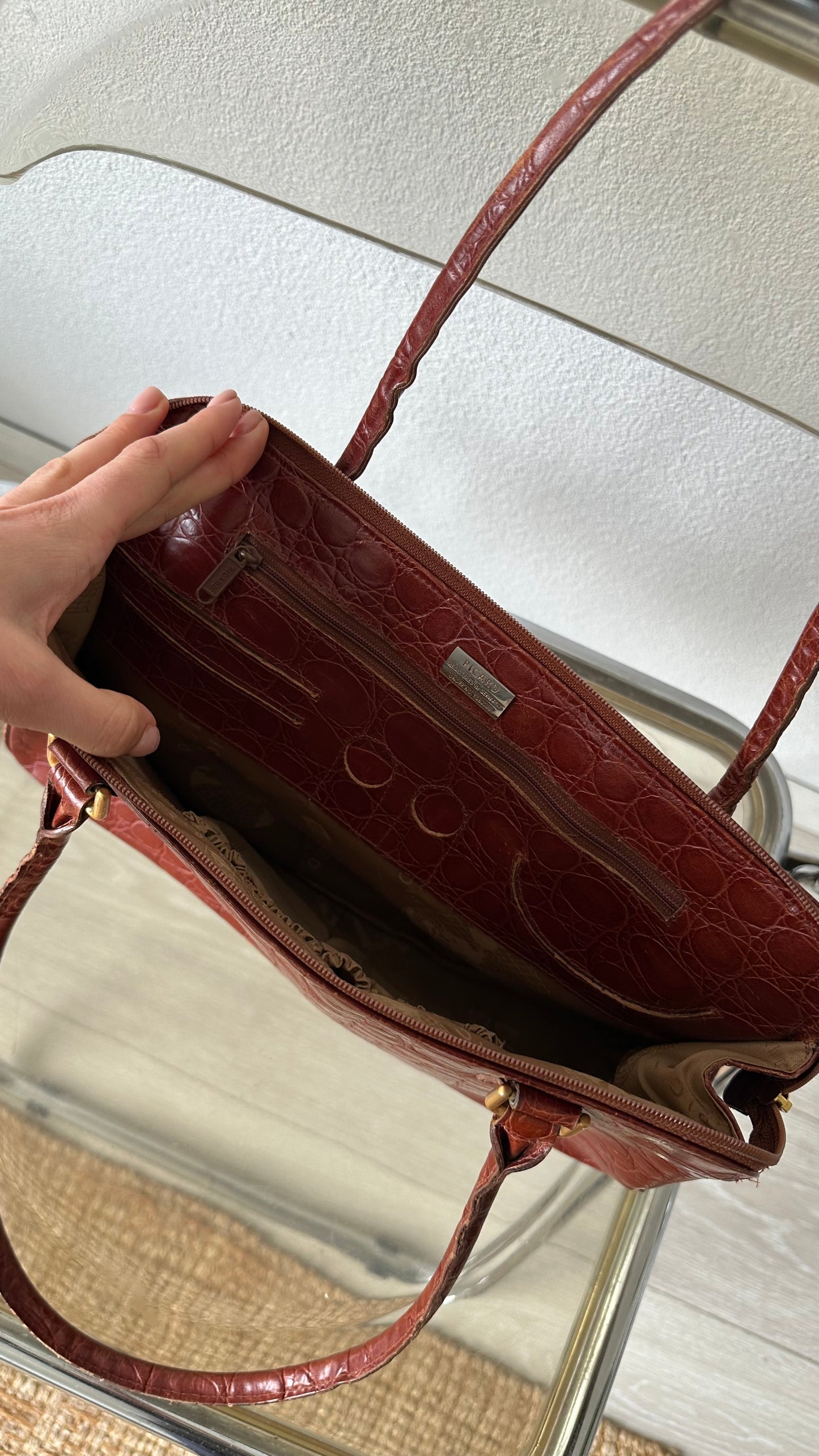 leather vintage red brown croc bag