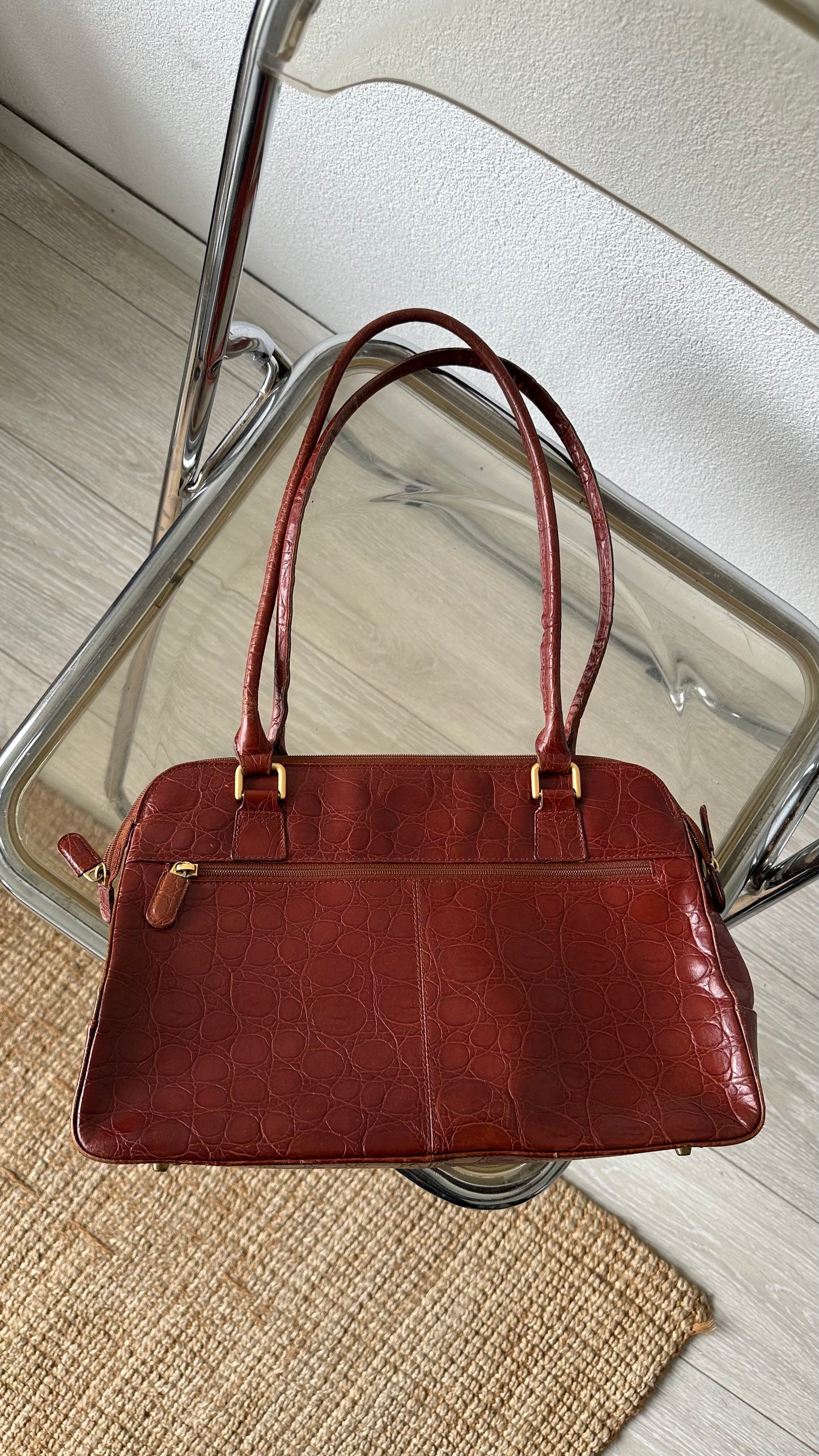 leather vintage red brown croc bag