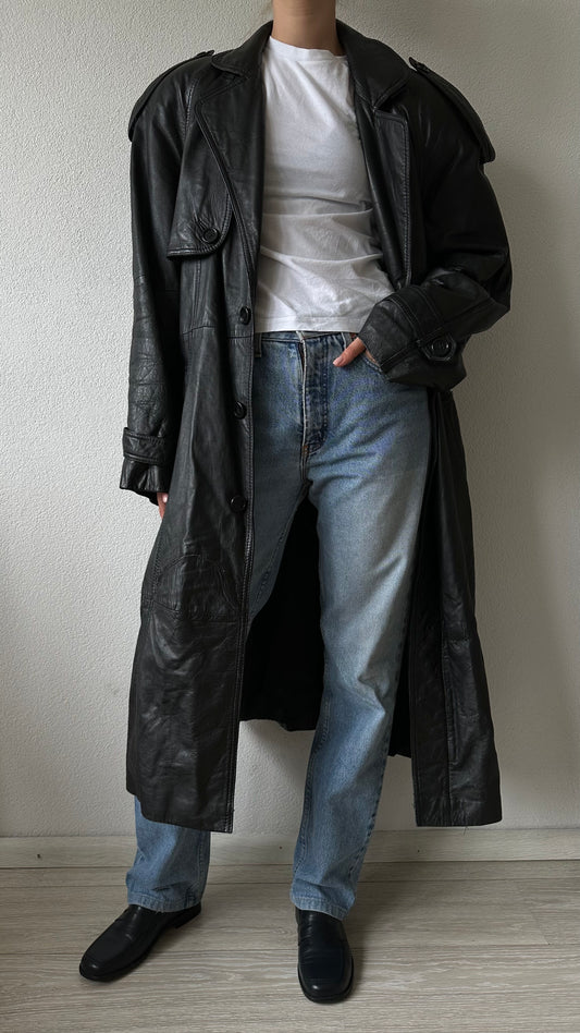 oversized black leather trenchcoat with shoulder pads