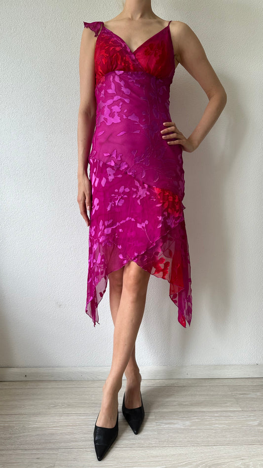 pink and red silk midi dress