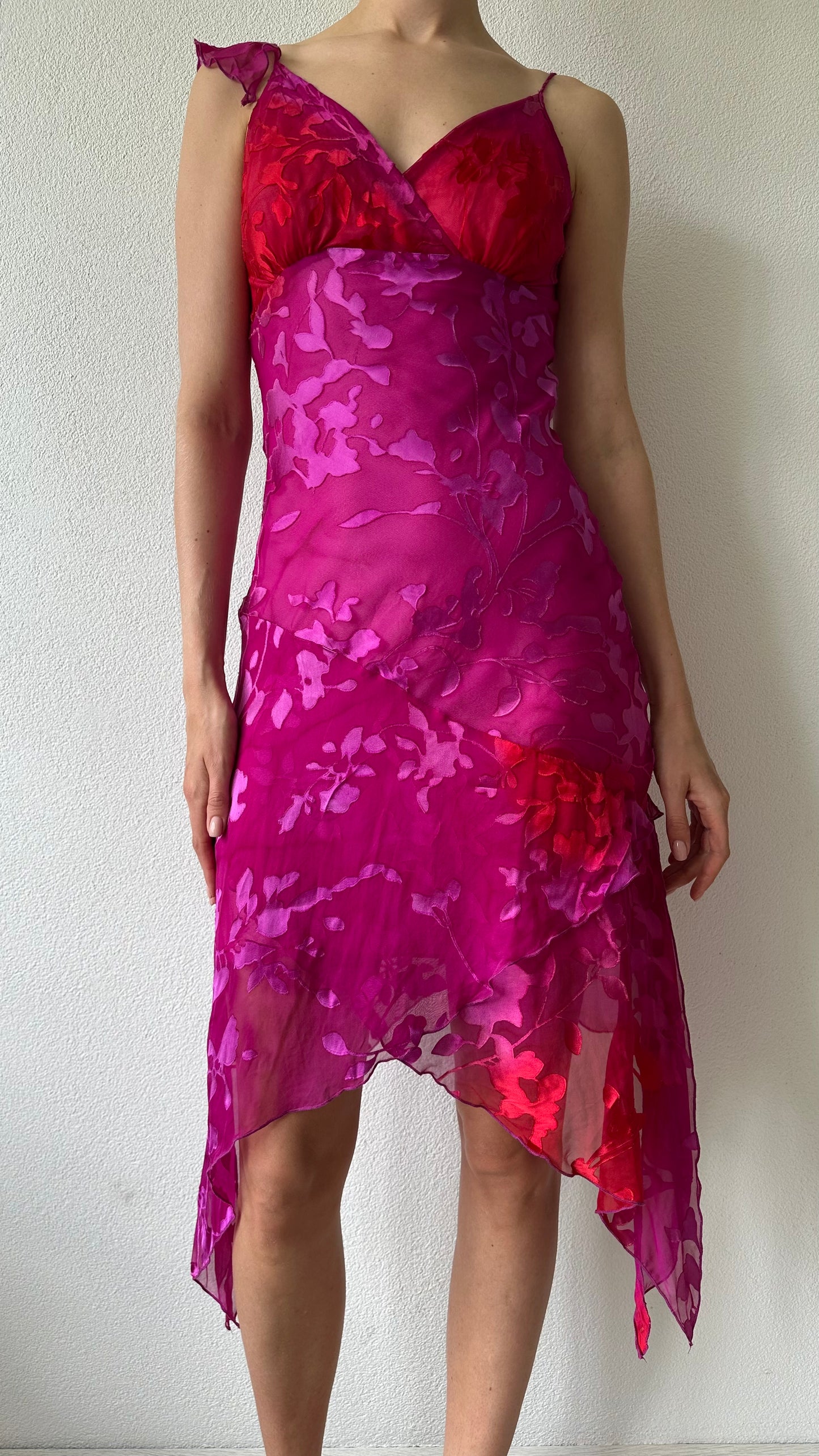 pink and red silk midi dress