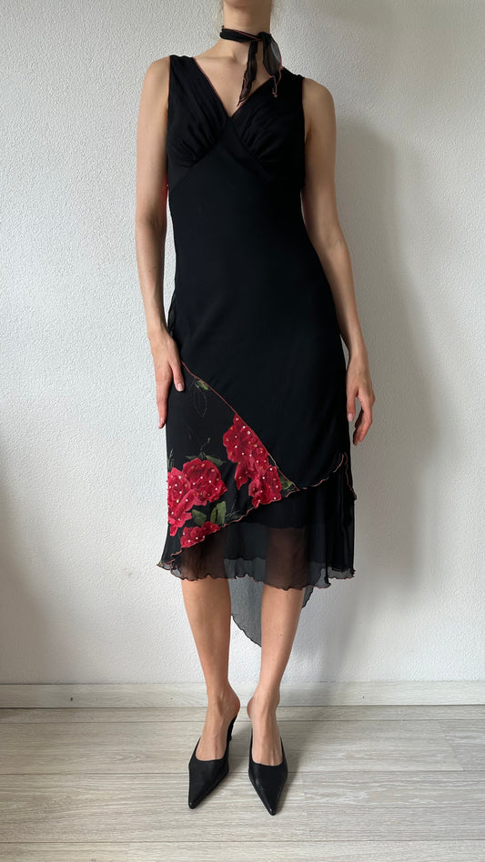 black silk floral midi dress