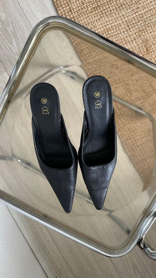 black glitter pointed slip on heels
