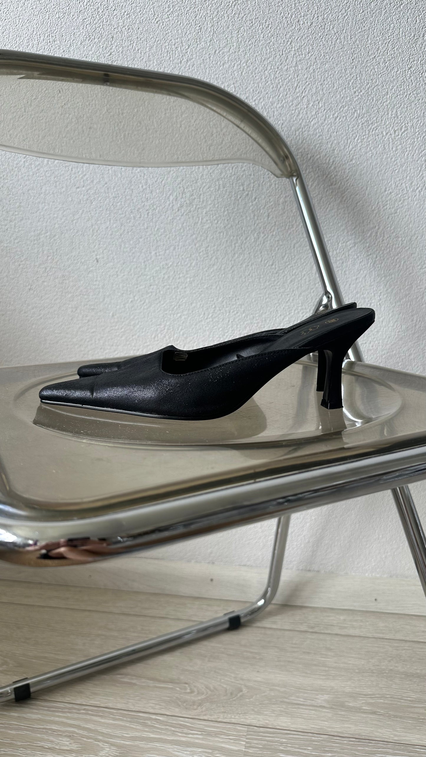 black glitter pointed slip on heels