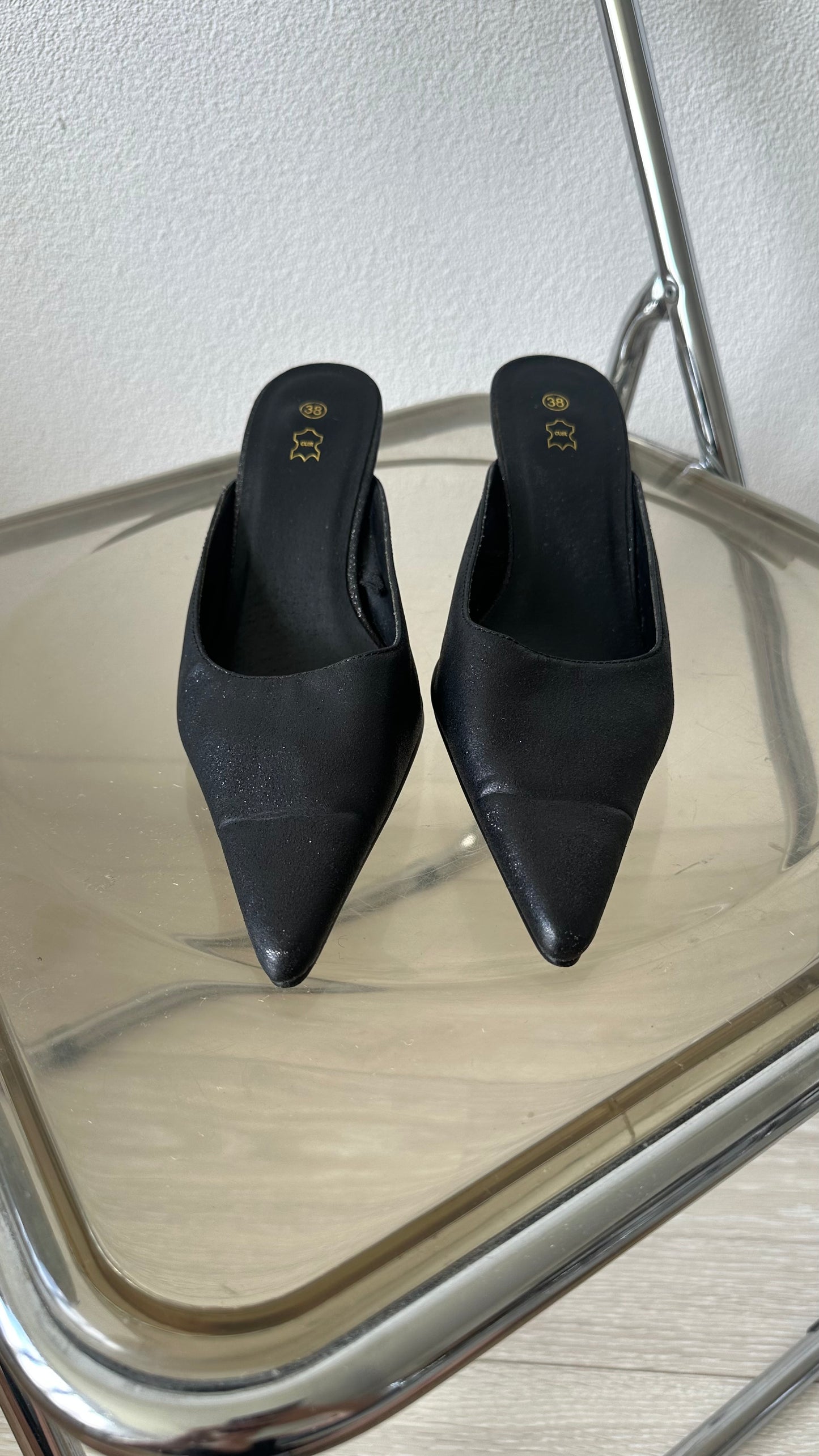black glitter pointed slip on heels
