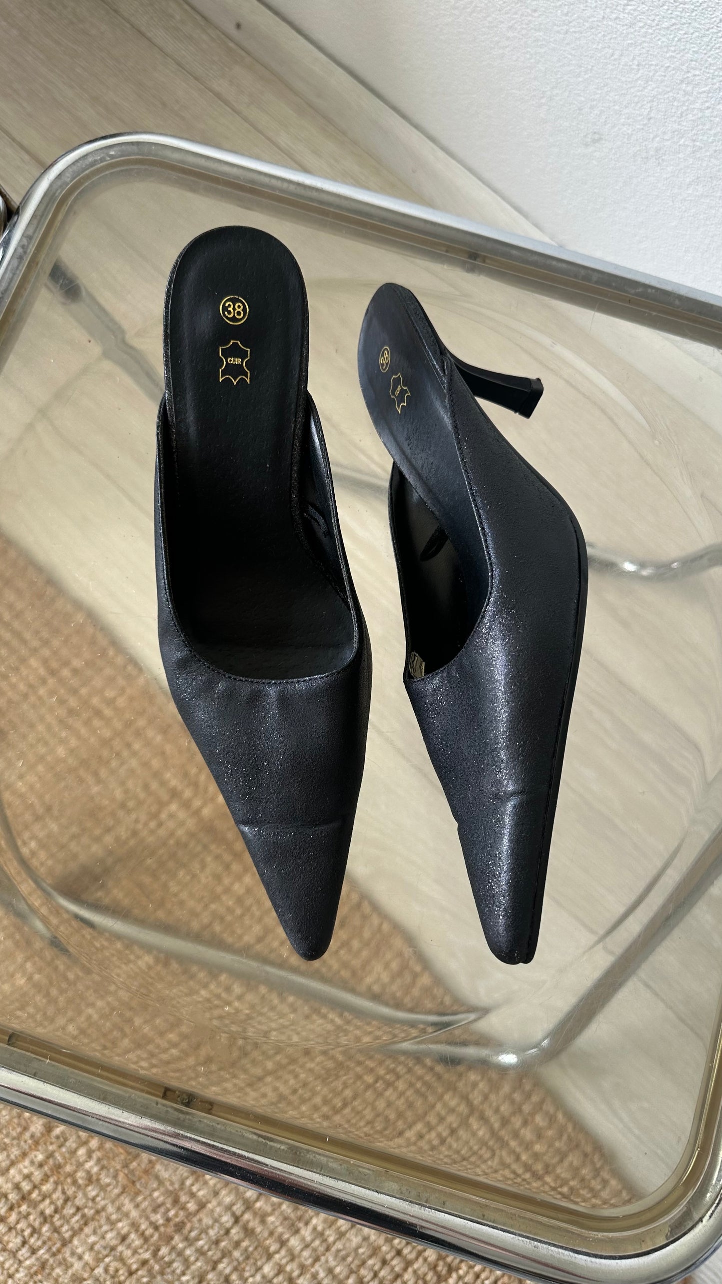 black glitter pointed slip on heels