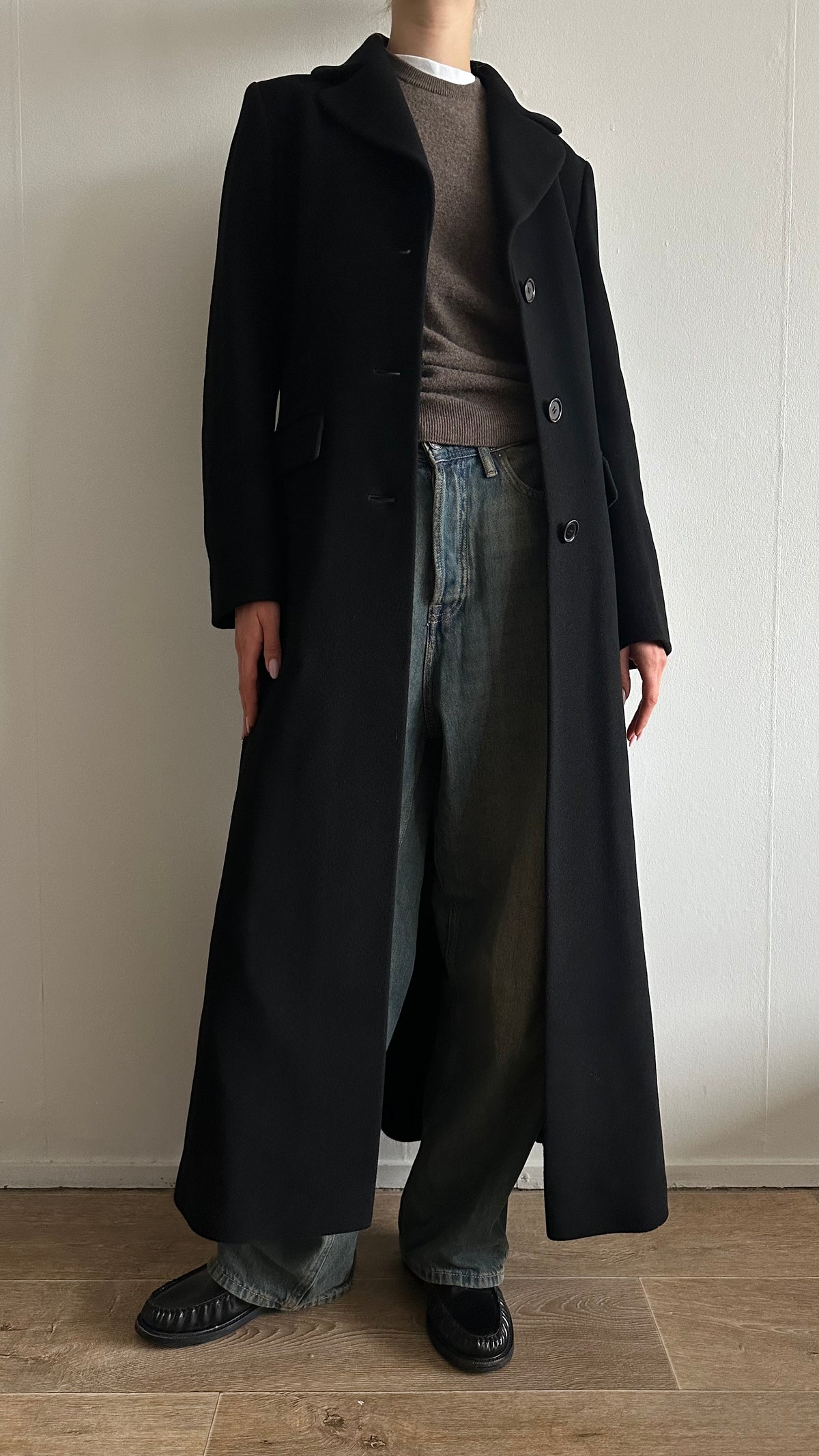black wool long matrix coat