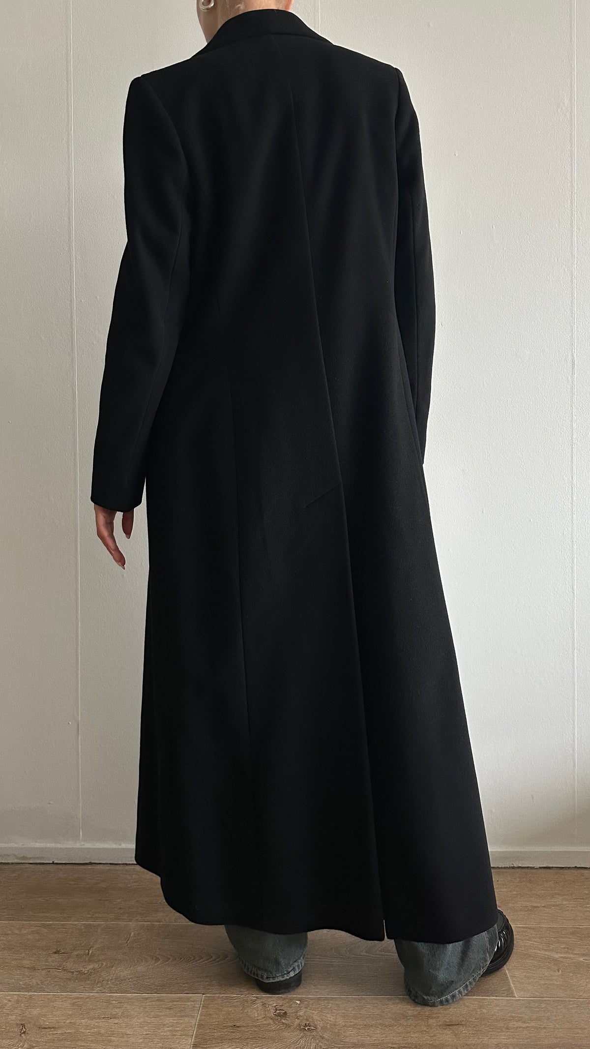 black wool long matrix coat