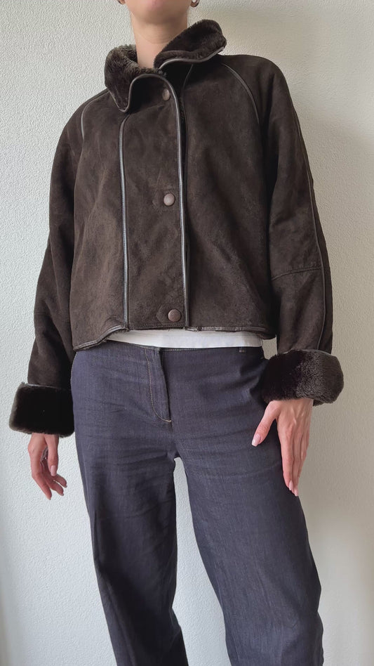 cropped brown suede coat with faux fur lining